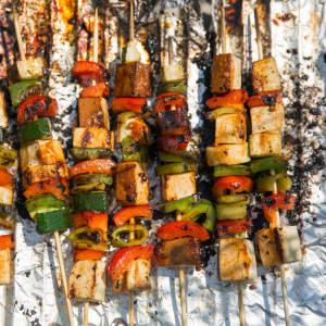 Marinated tofu and vegetable kebabs